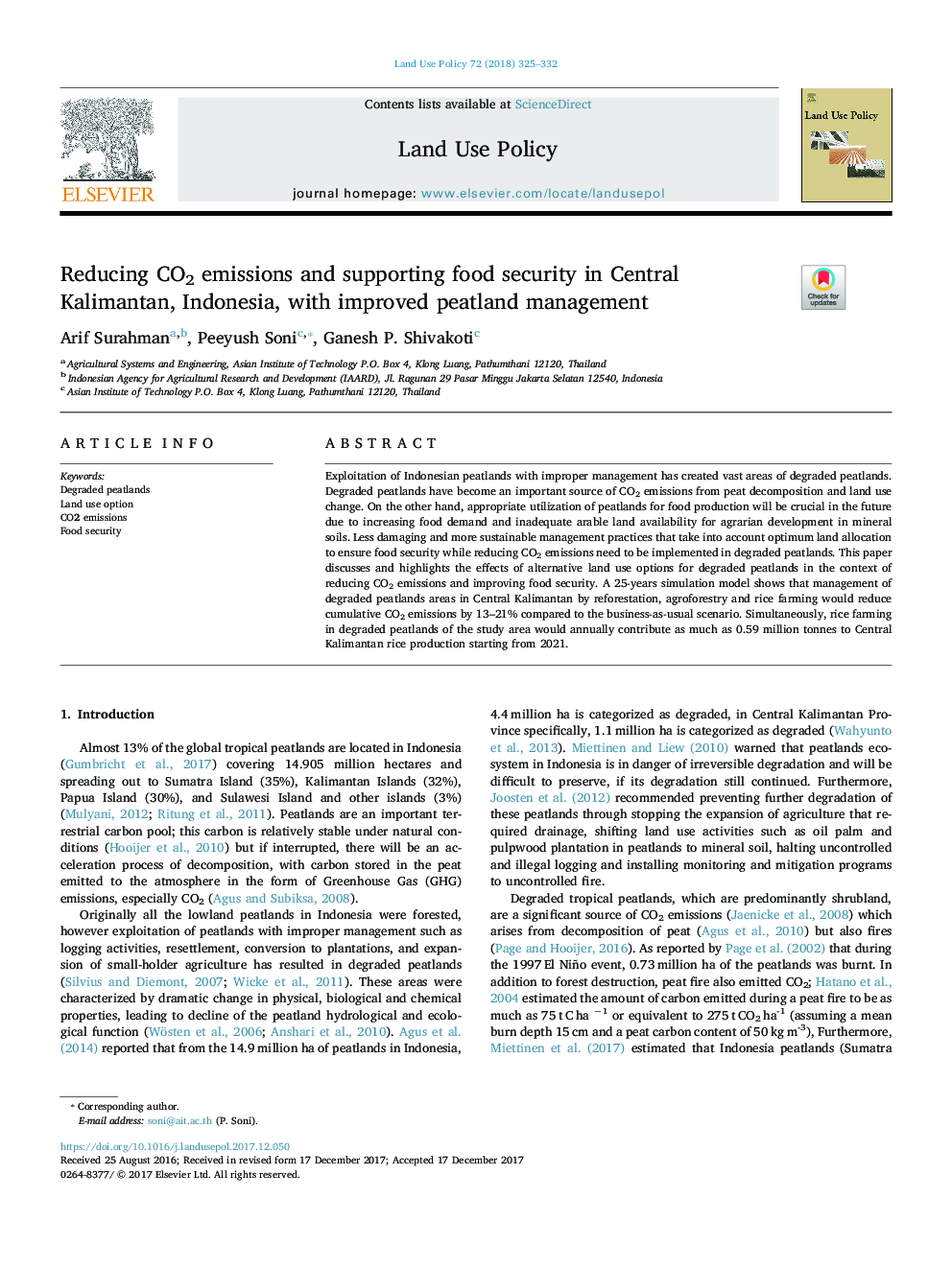 Reducing CO2 emissions and supporting food security in Central Kalimantan, Indonesia, with improved peatland management