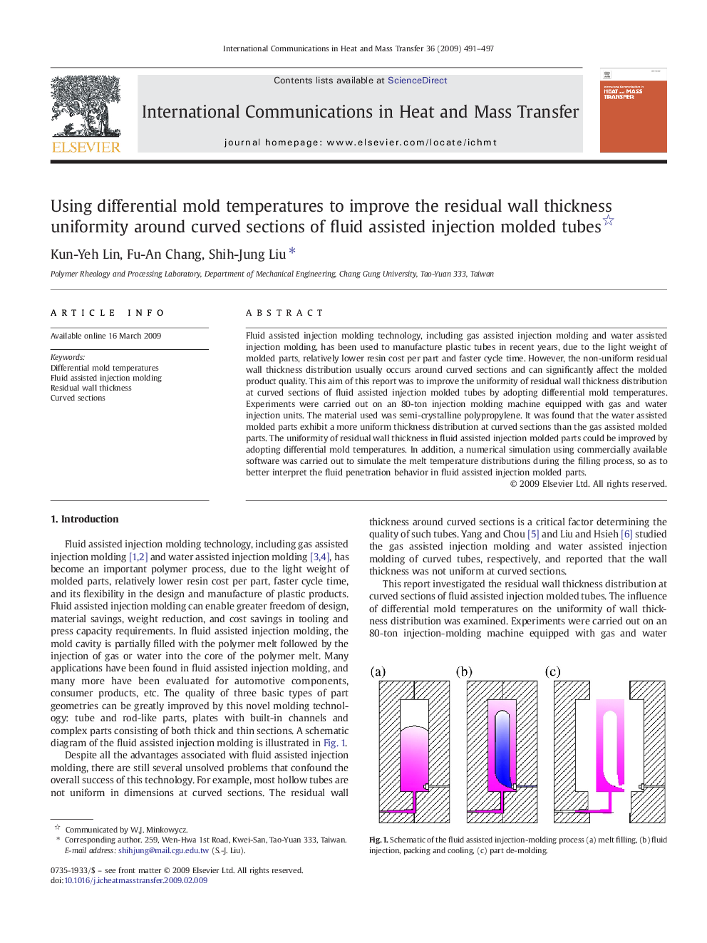 Using differential mold temperatures to improve the residual wall thickness uniformity around curved sections of fluid assisted injection molded tubes 