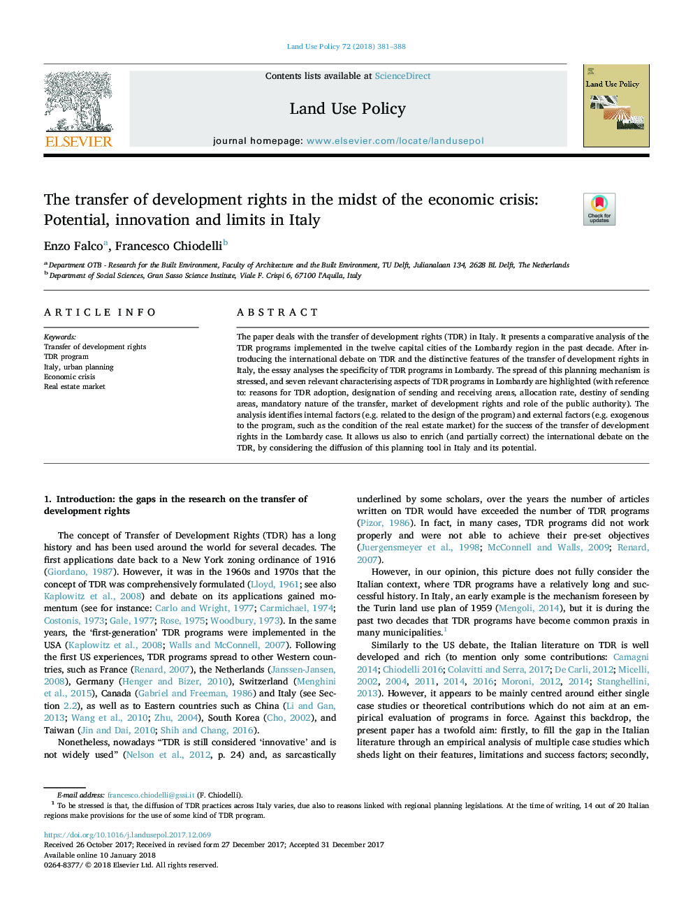 The transfer of development rights in the midst of the economic crisis: Potential, innovation and limits in Italy