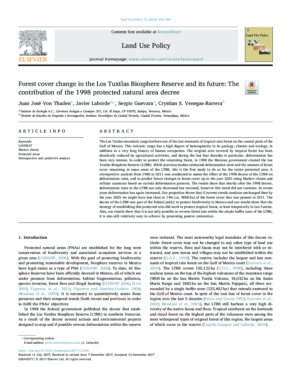 Forest cover change in the Los Tuxtlas Biosphere Reserve and its future: The contribution of the 1998 protected natural area decree