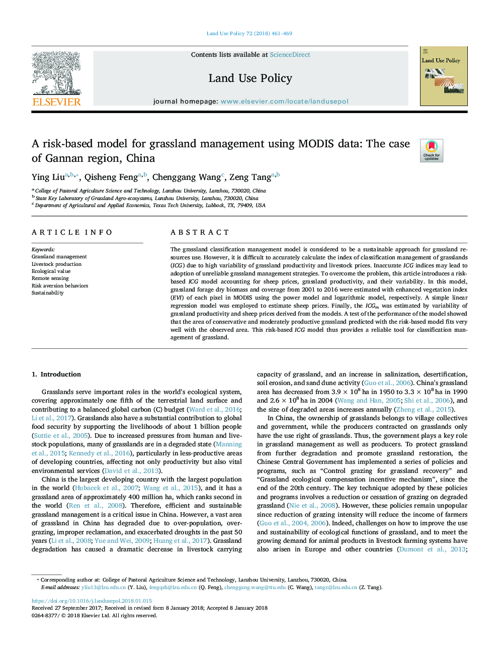 A risk-based model for grassland management using MODIS data: The case of Gannan region, China