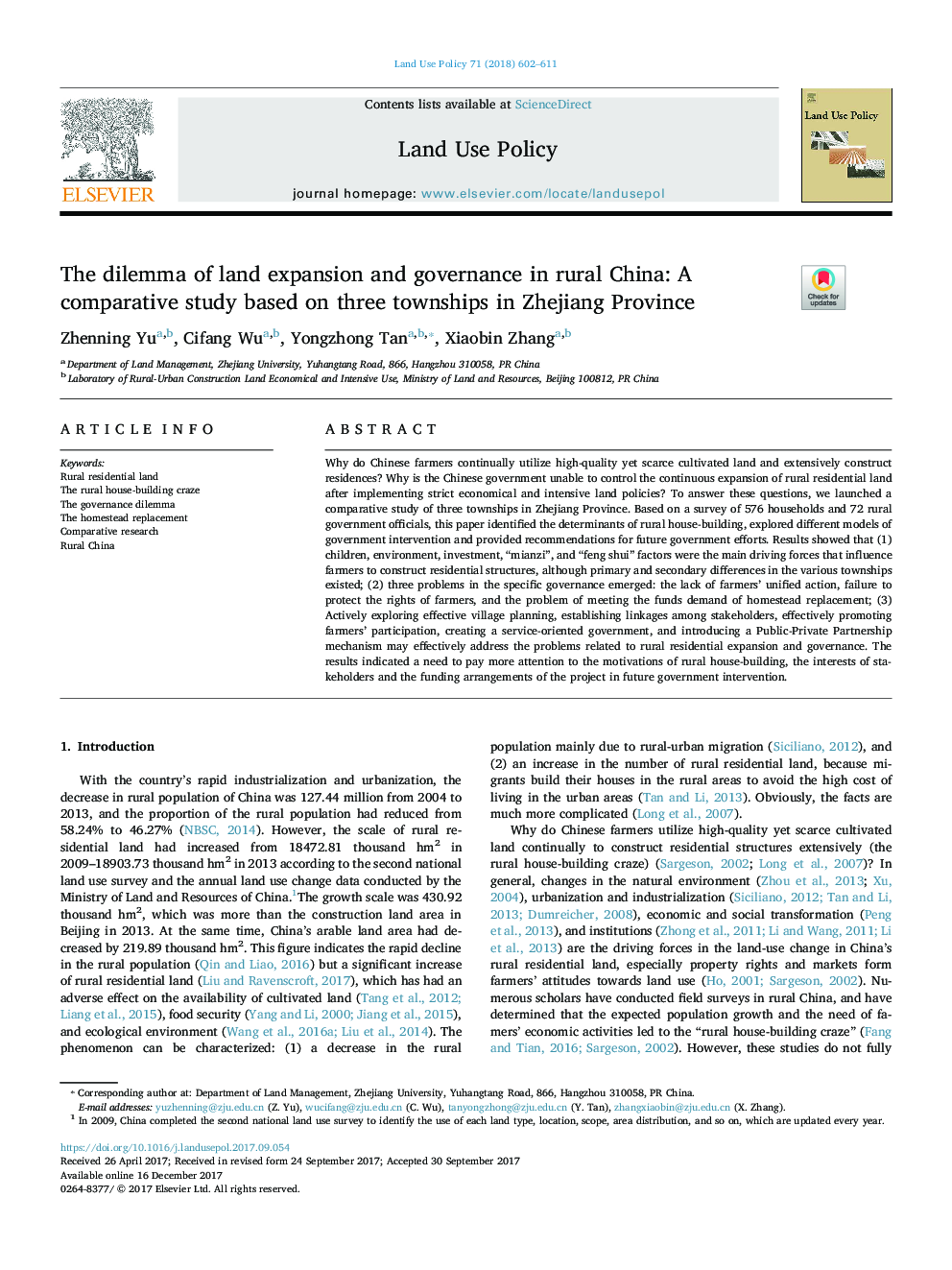 The dilemma of land expansion and governance in rural China: A comparative study based on three townships in Zhejiang Province