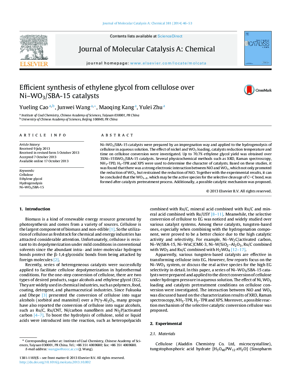 Efficient synthesis of ethylene glycol from cellulose over Ni–WO3/SBA-15 catalysts