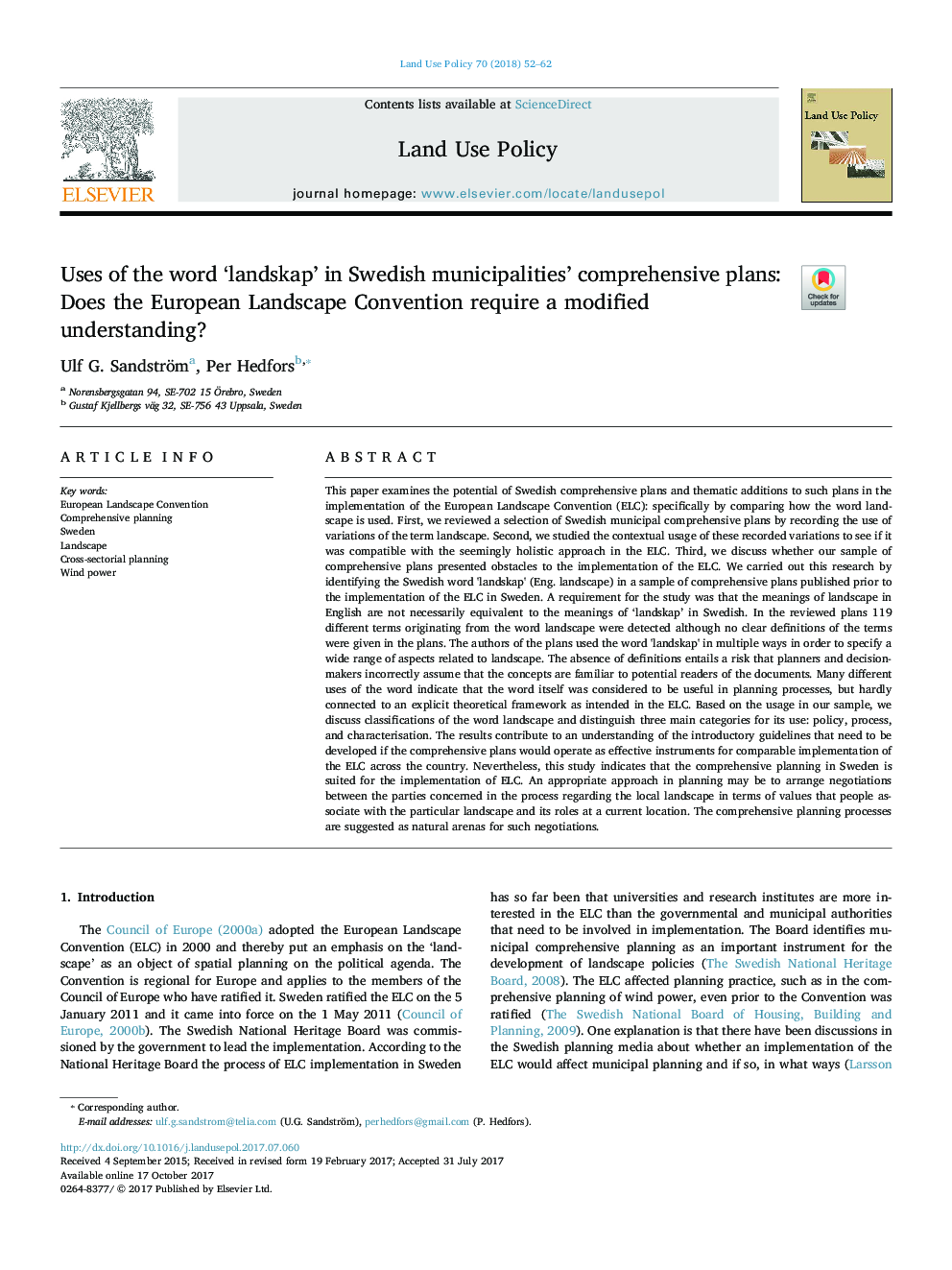 Uses of the word 'landskap' in Swedish municipalities' comprehensive plans: Does the European Landscape Convention require a modified understanding?