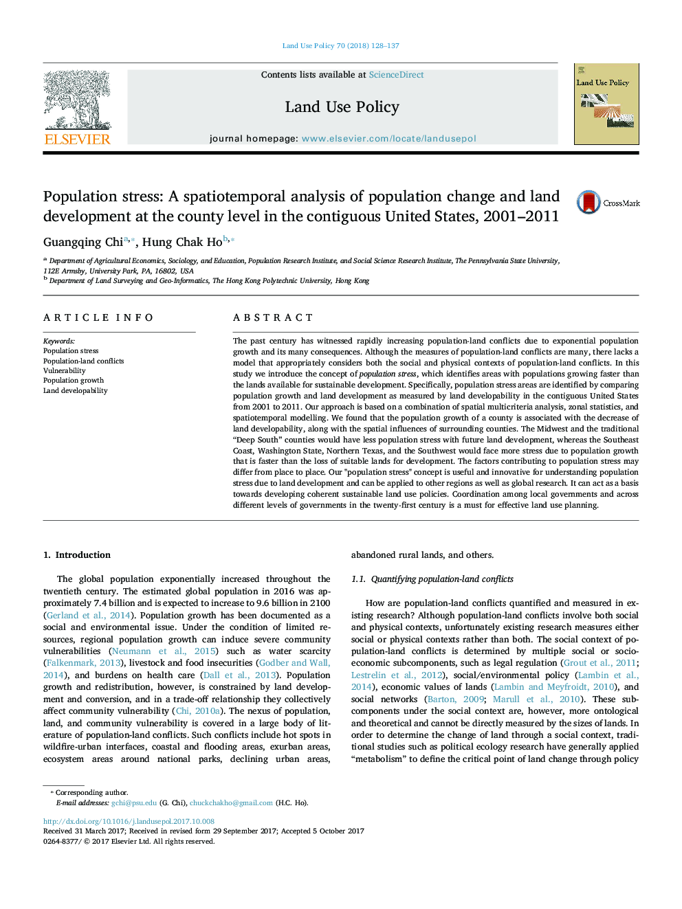 Population stress: A spatiotemporal analysis of population change and land development at the county level in the contiguous United States, 2001-2011