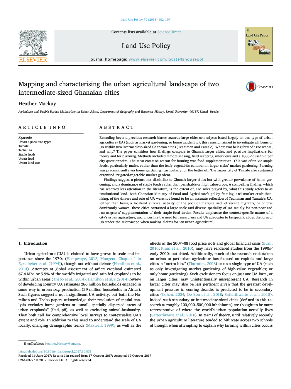 Mapping and characterising the urban agricultural landscape of two intermediate-sized Ghanaian cities