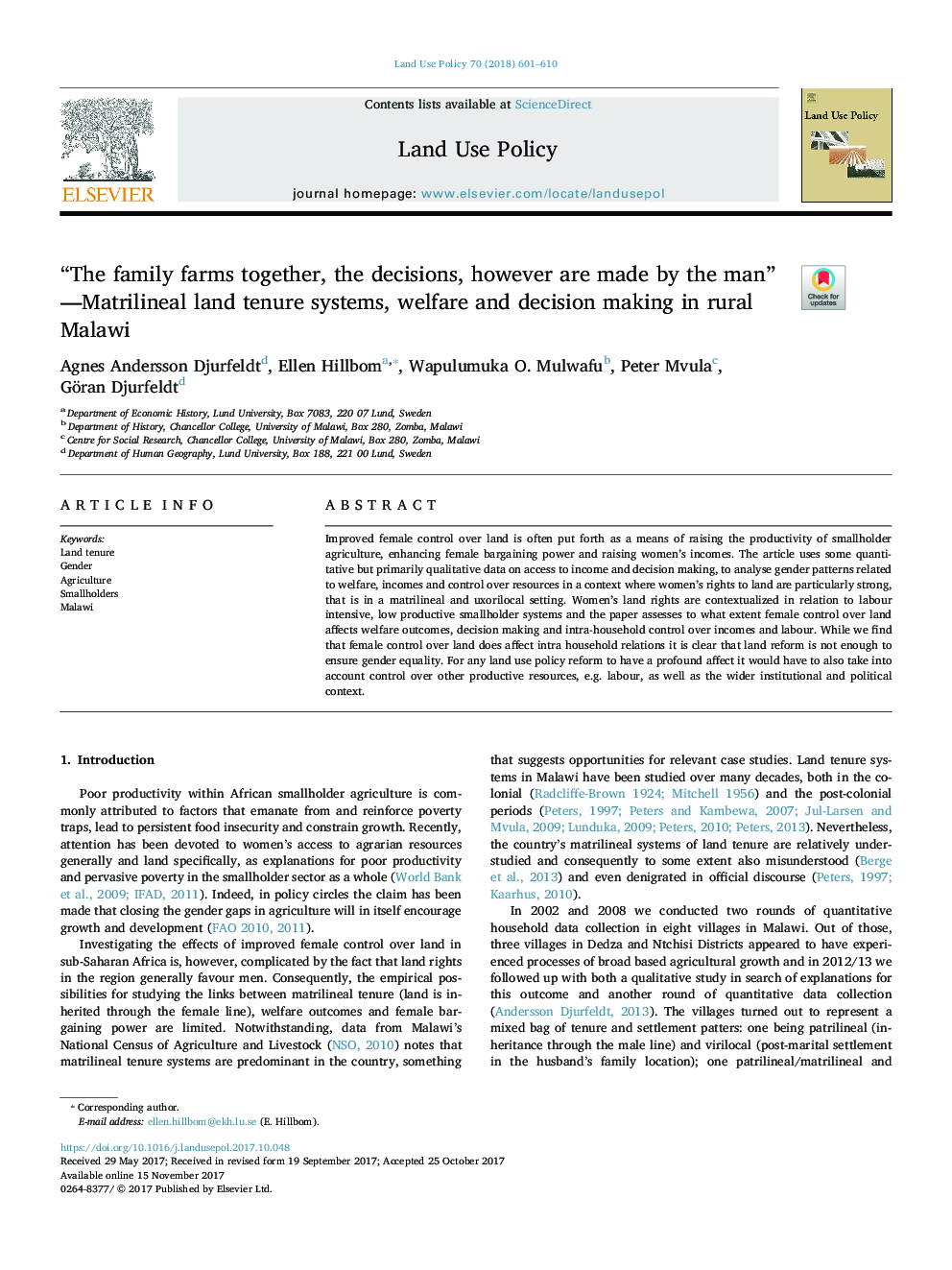 “The family farms together, the decisions, however are made by the man” -Matrilineal land tenure systems, welfare and decision making in rural Malawi