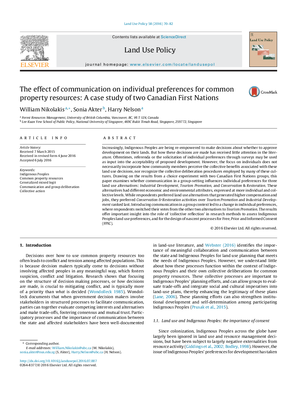 The effect of communication on individual preferences for common property resources: A case study of two Canadian First Nations