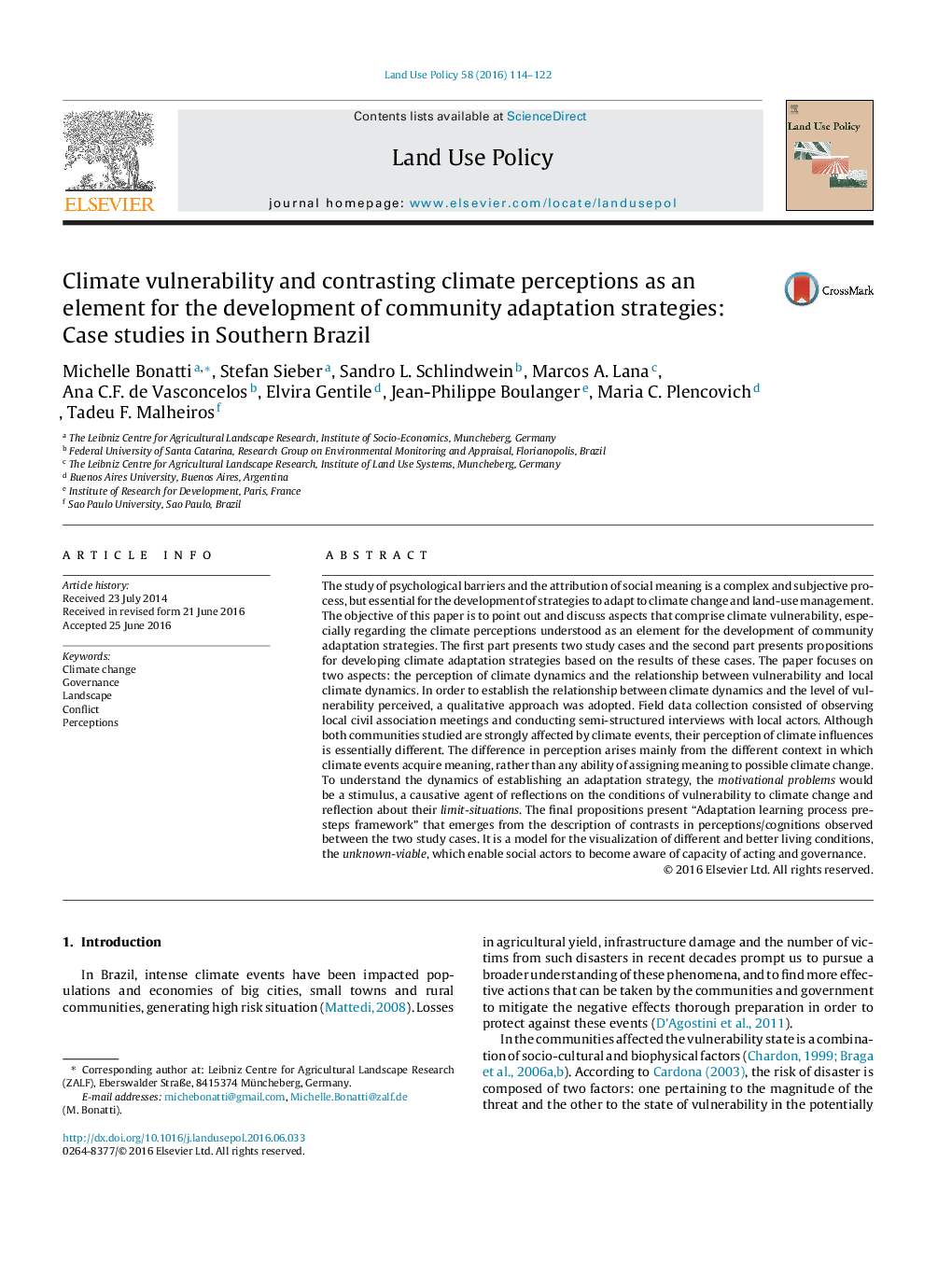 Climate vulnerability and contrasting climate perceptions as an element for the development of community adaptation strategies: Case studies in Southern Brazil