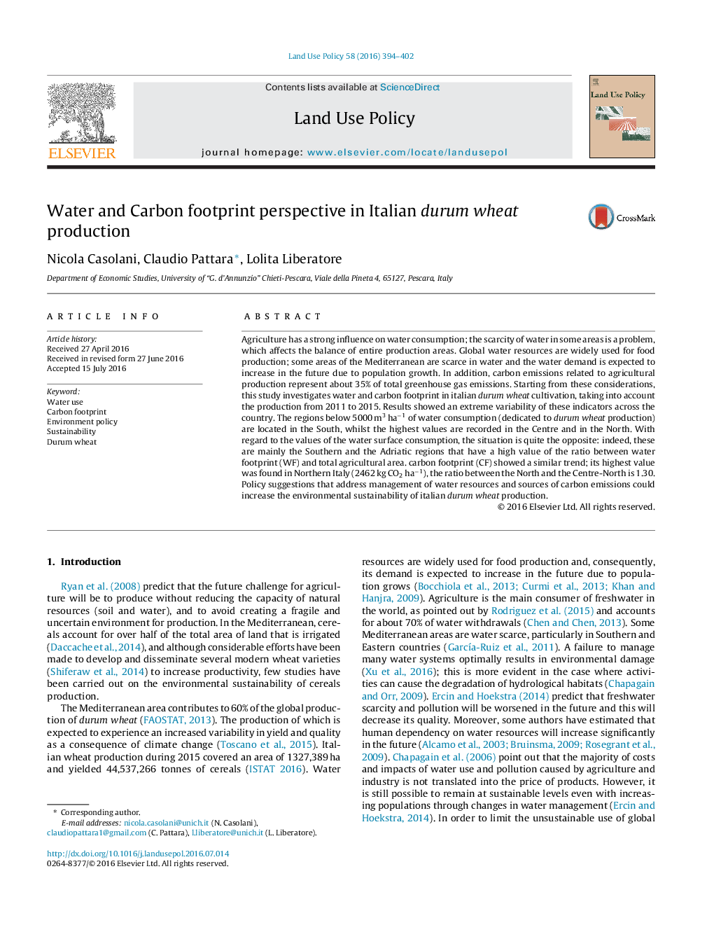 Water and Carbon footprint perspective in Italian durum wheat production