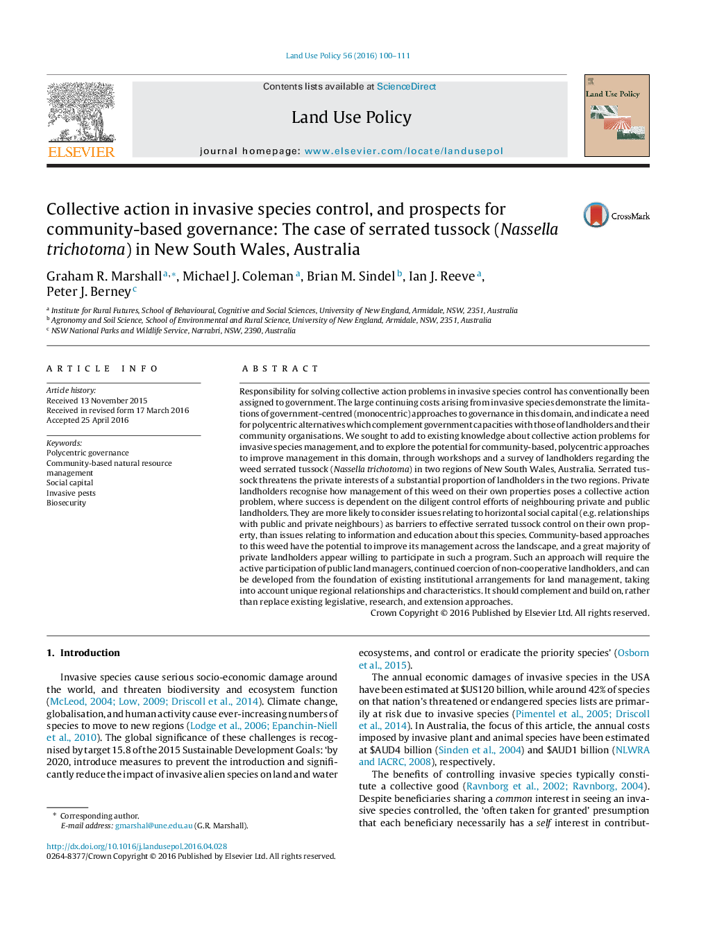 Collective action in invasive species control, and prospects for community-based governance: The case of serrated tussock (Nassella trichotoma) in New South Wales, Australia