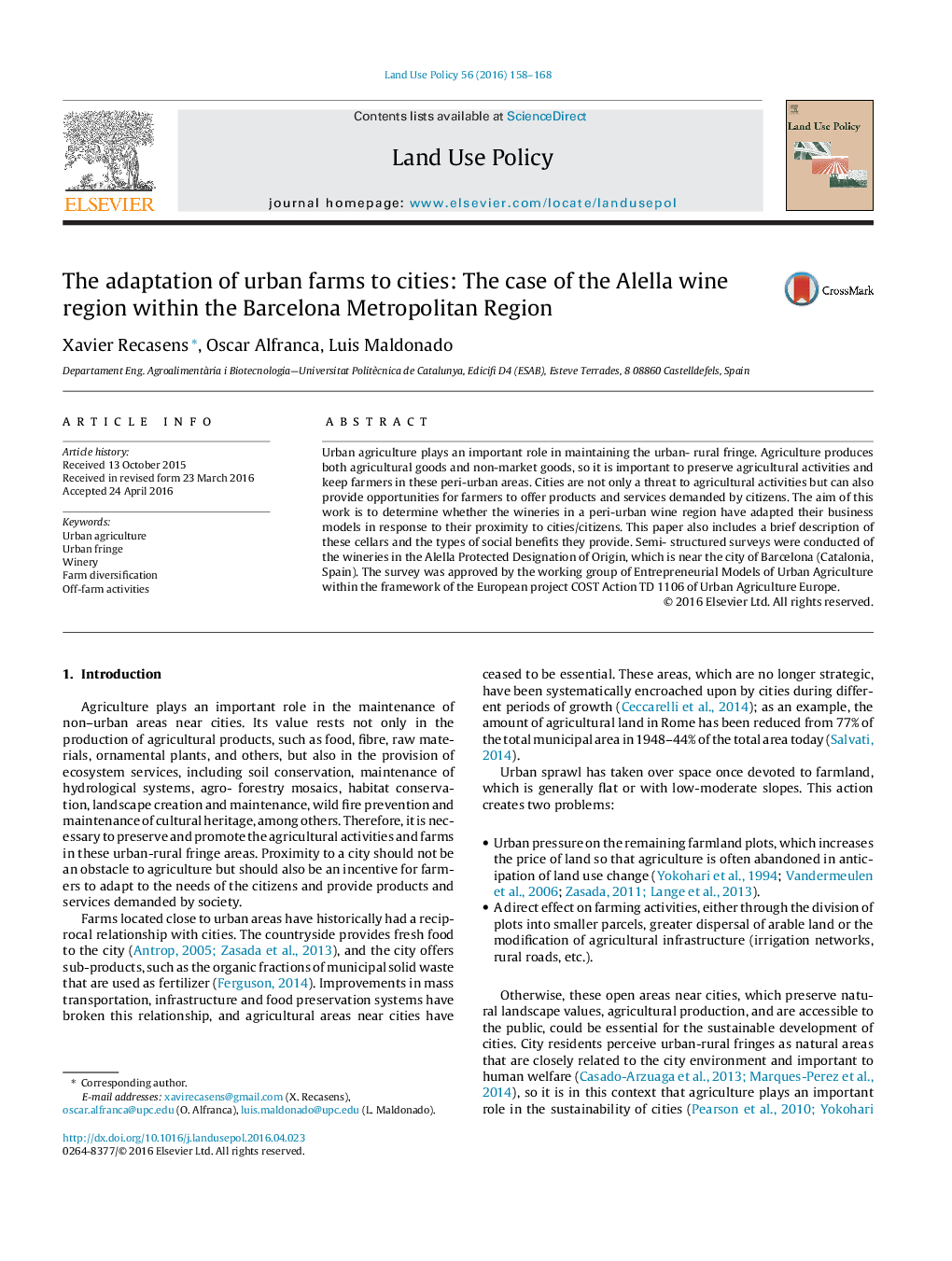 The adaptation of urban farms to cities: The case of the Alella wine region within the Barcelona Metropolitan Region