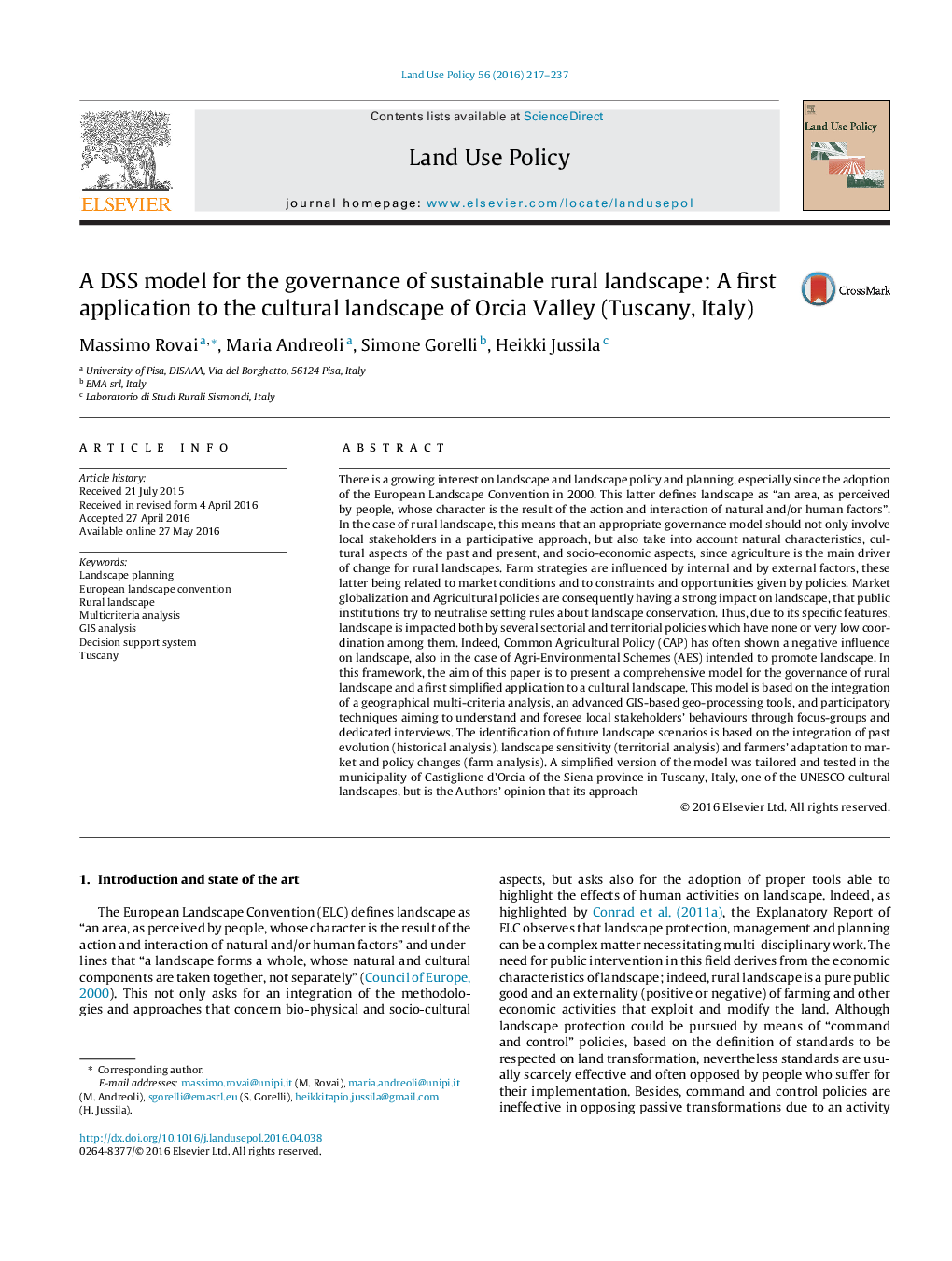 A DSS model for the governance of sustainable rural landscape: A first application to the cultural landscape of Orcia Valley (Tuscany, Italy)