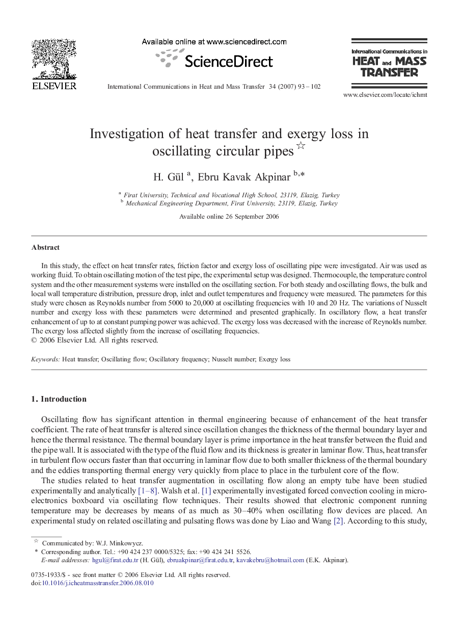 Investigation of heat transfer and exergy loss in oscillating circular pipes 