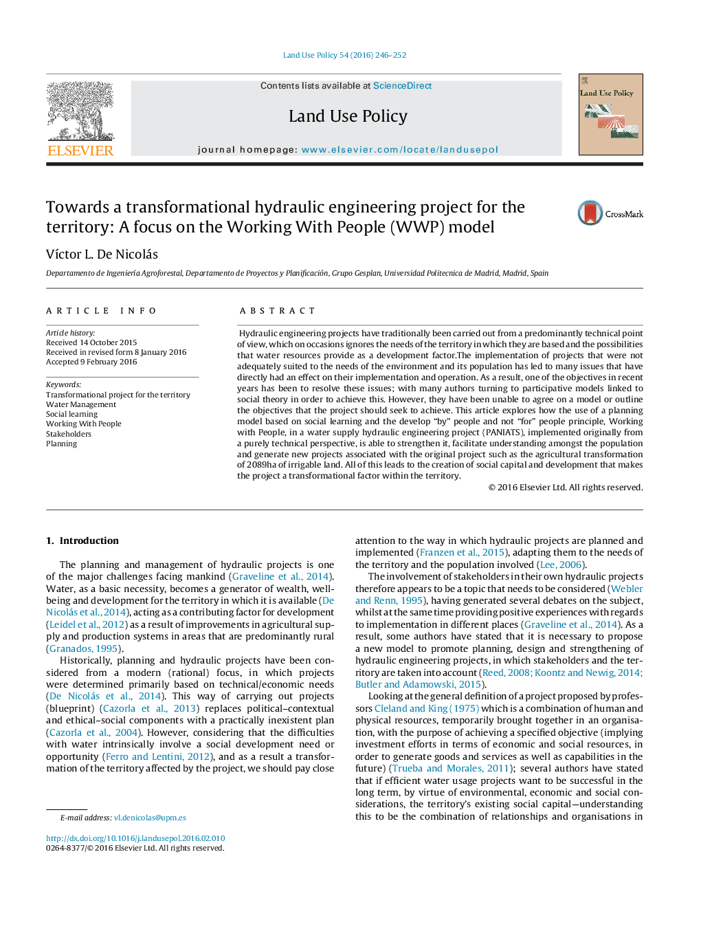 Towards a transformational hydraulic engineering project for the territory: A focus on the Working With People (WWP) model