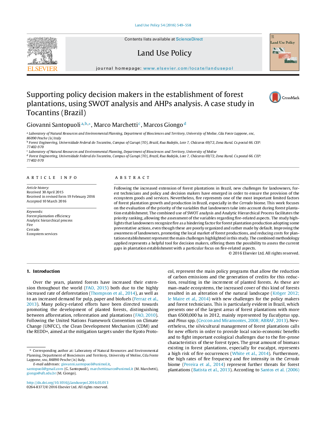 Supporting policy decision makers in the establishment of forest plantations, using SWOT analysis and AHPs analysis. A case study in Tocantins (Brazil)