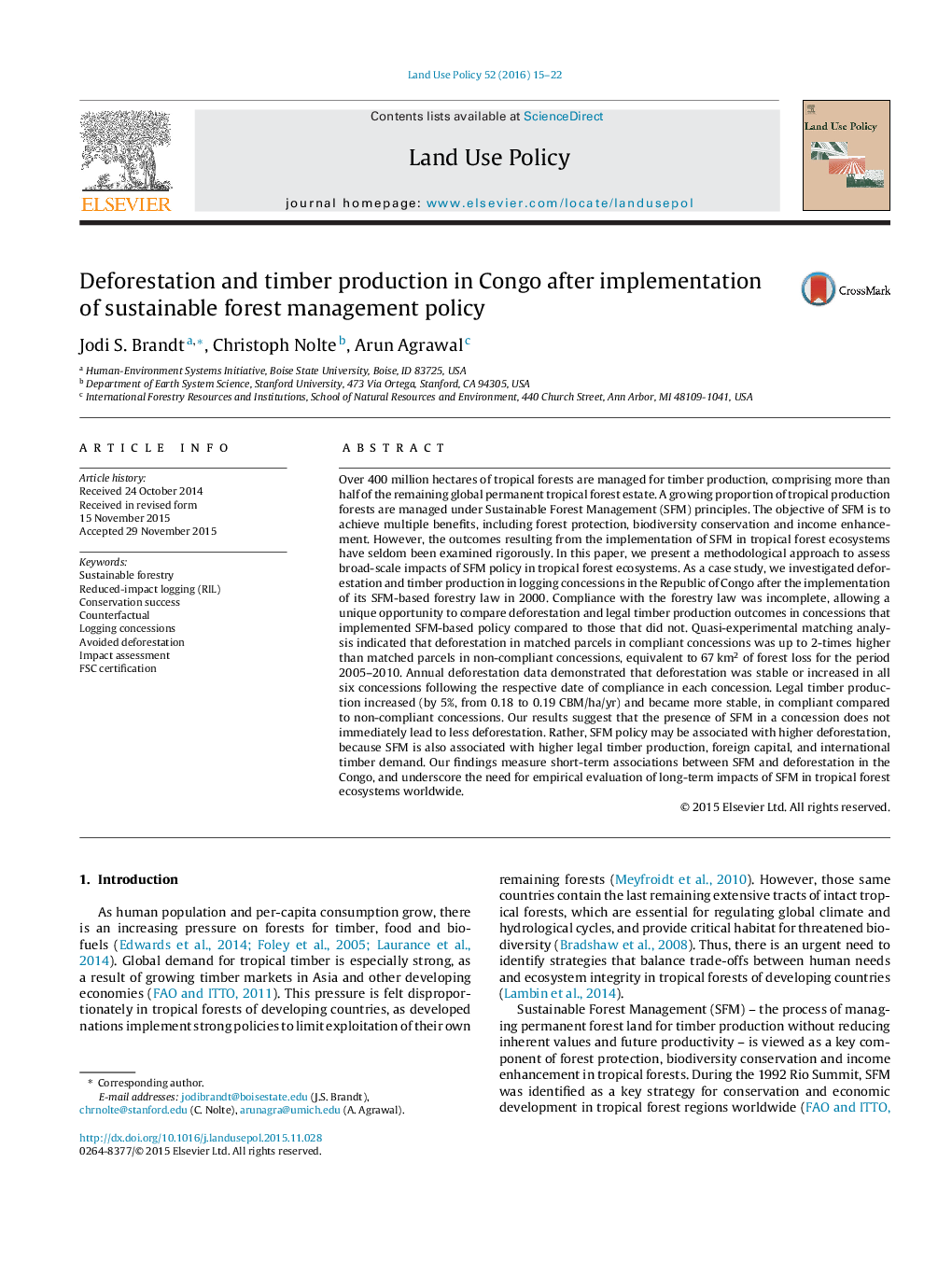 Deforestation and timber production in Congo after implementation of sustainable forest management policy