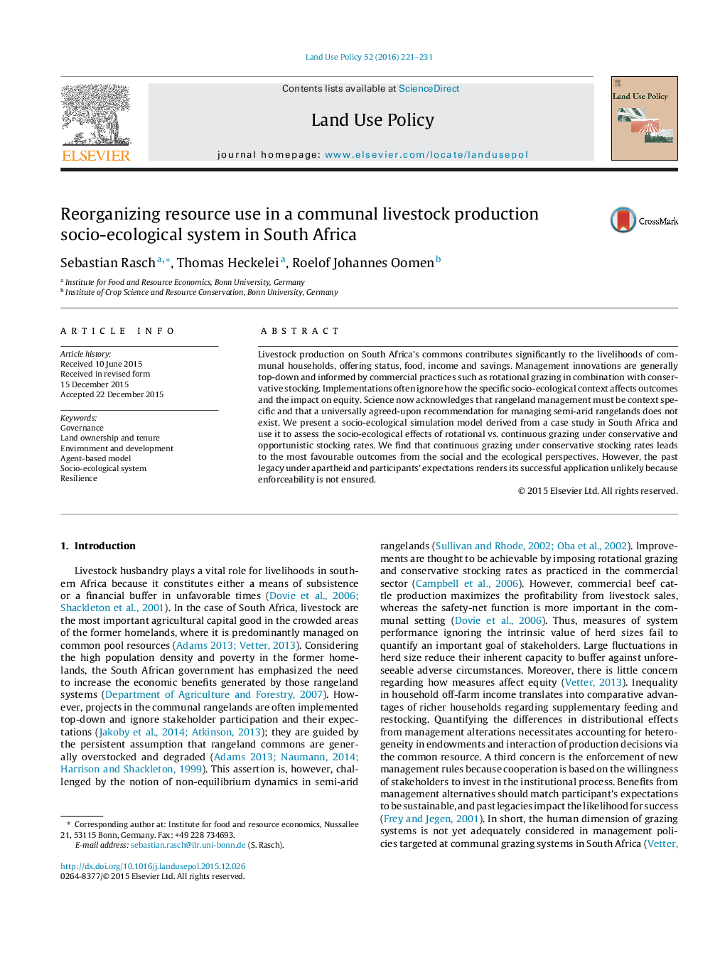 Reorganizing resource use in a communal livestock production socio-ecological system in South Africa