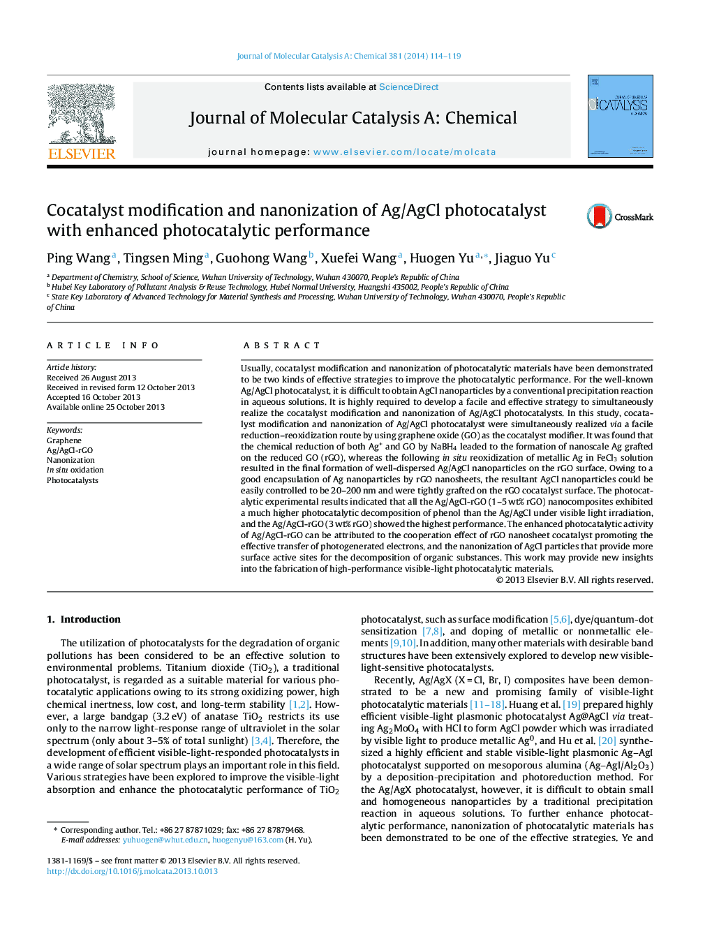 Cocatalyst modification and nanonization of Ag/AgCl photocatalyst with enhanced photocatalytic performance