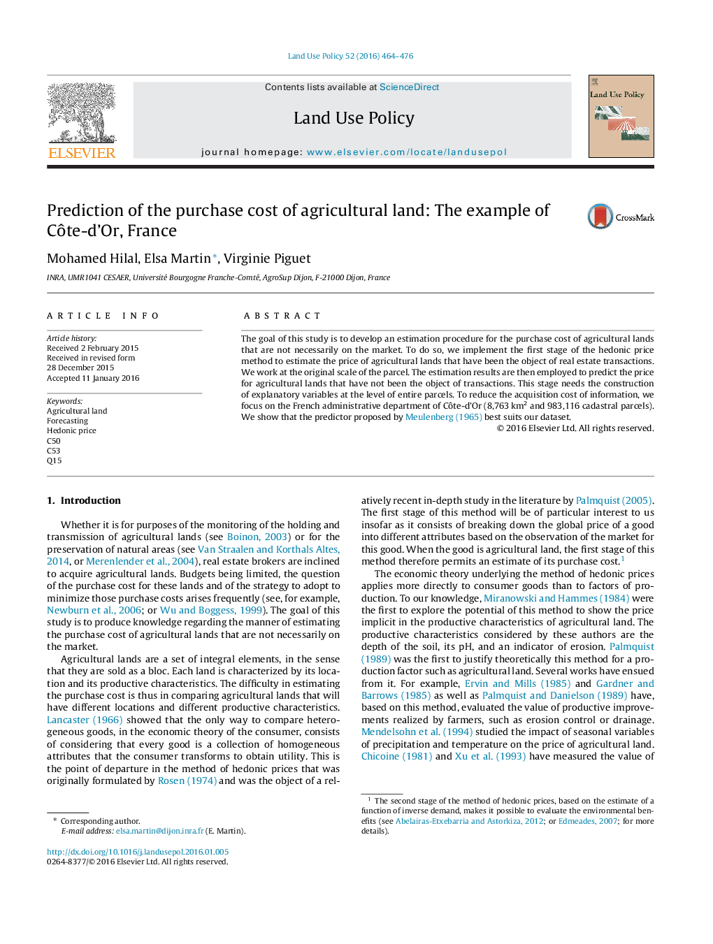 Prediction of the purchase cost of agricultural land: The example of CÃ´te-d'Or, France