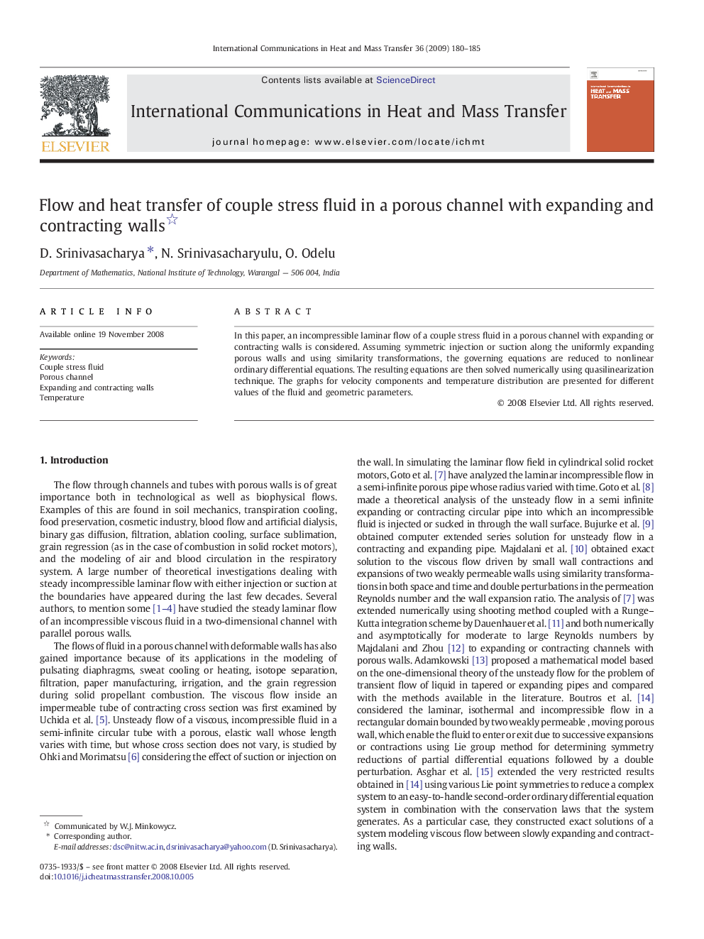 Flow and heat transfer of couple stress fluid in a porous channel with expanding and contracting walls 