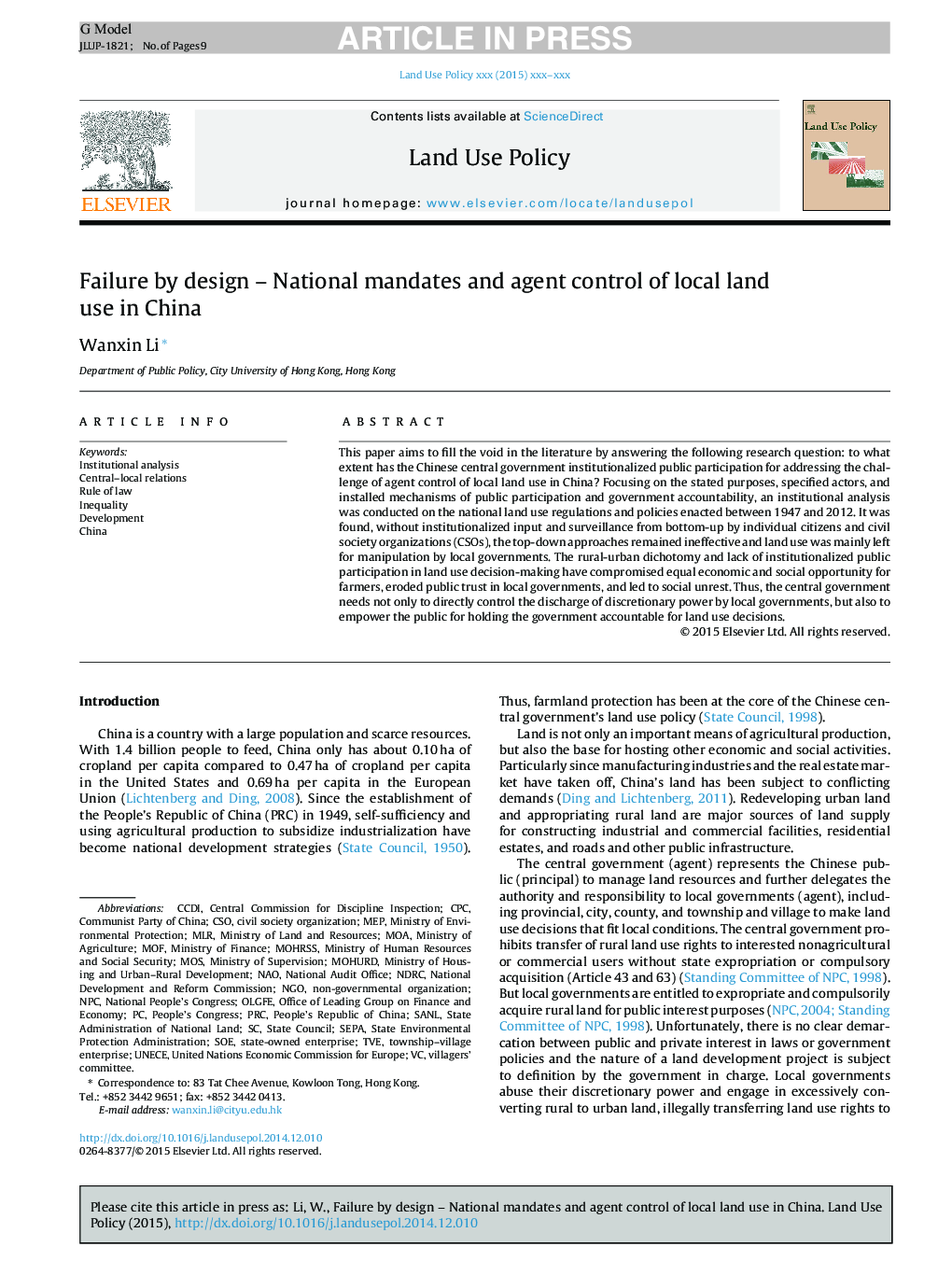 Failure by design - National mandates and agent control of local land use in China