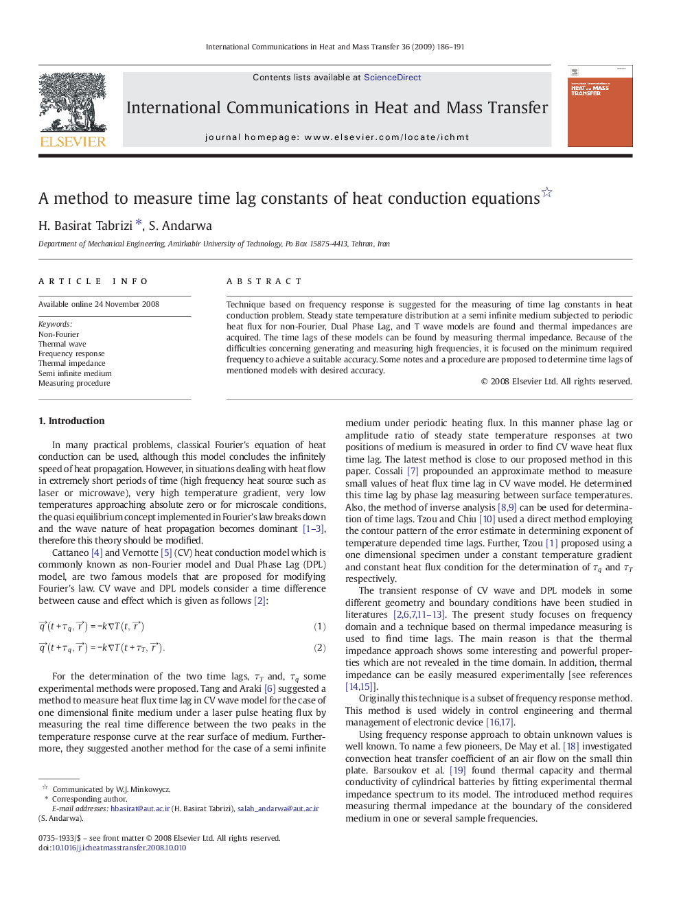 A method to measure time lag constants of heat conduction equations 