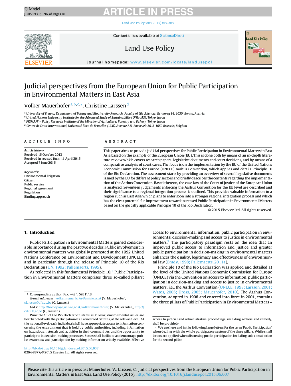 Judicial perspectives from the European Union for Public Participation in Environmental Matters in East Asia