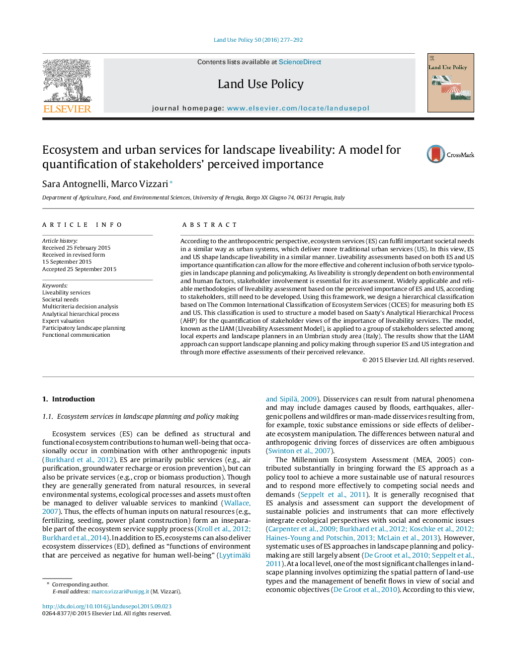 Ecosystem and urban services for landscape liveability: A model for quantification of stakeholders' perceived importance