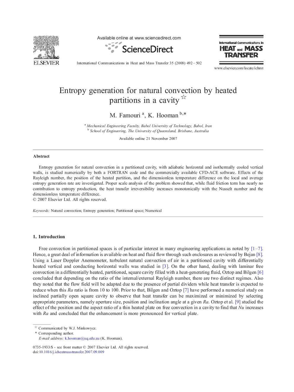 Entropy generation for natural convection by heated partitions in a cavity 