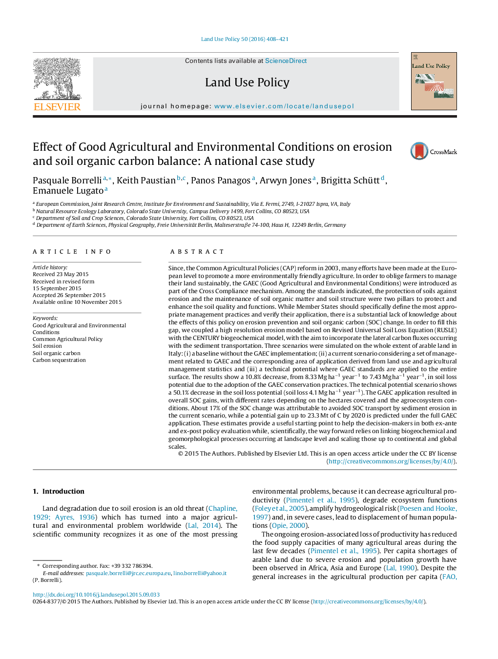 Effect of Good Agricultural and Environmental Conditions on erosion and soil organic carbon balance: A national case study