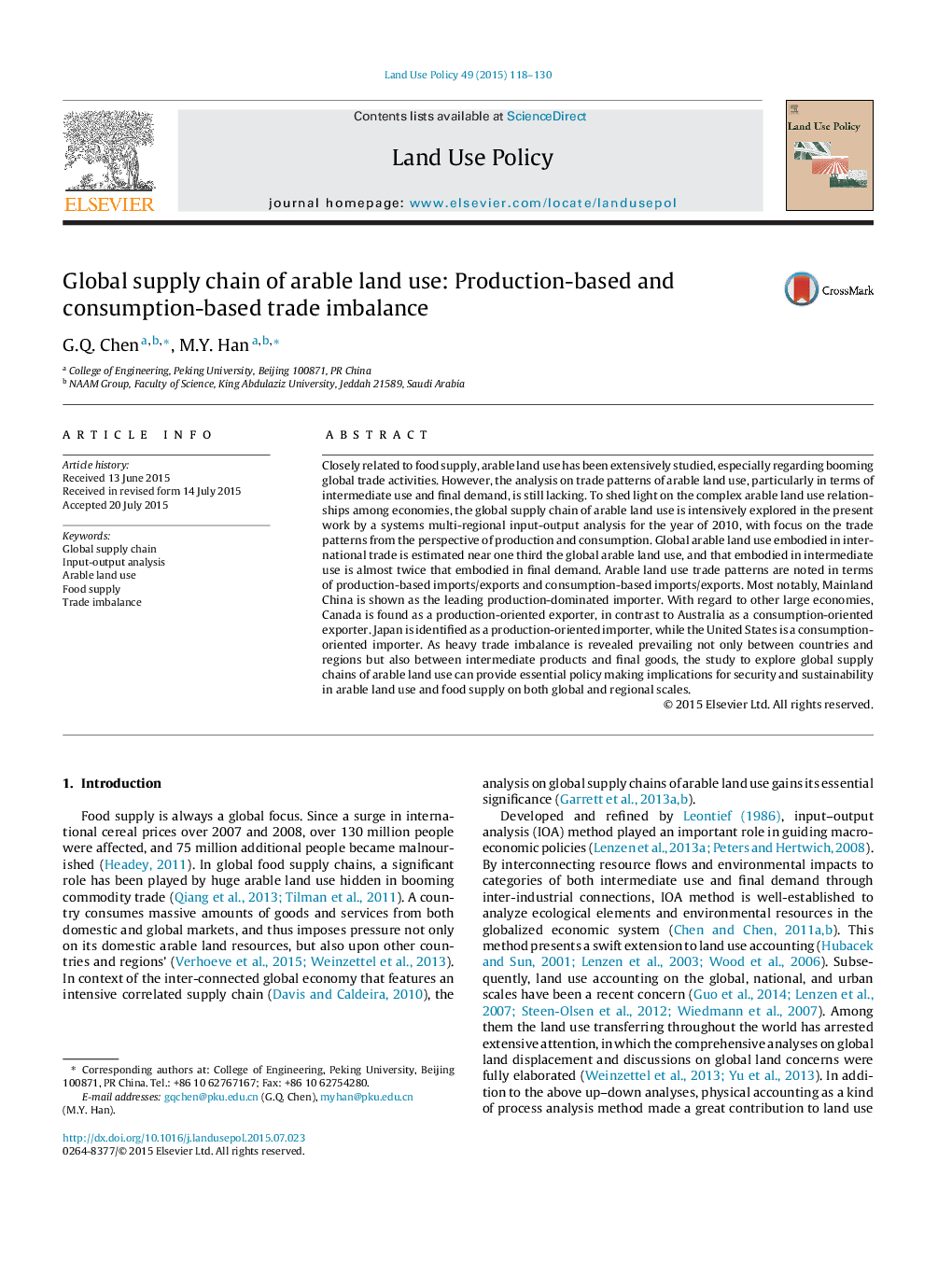 Global supply chain of arable land use: Production-based and consumption-based trade imbalance