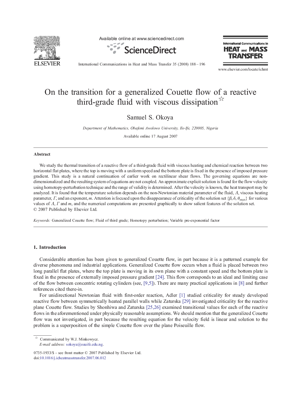 On the transition for a generalized Couette flow of a reactive third-grade fluid with viscous dissipation 