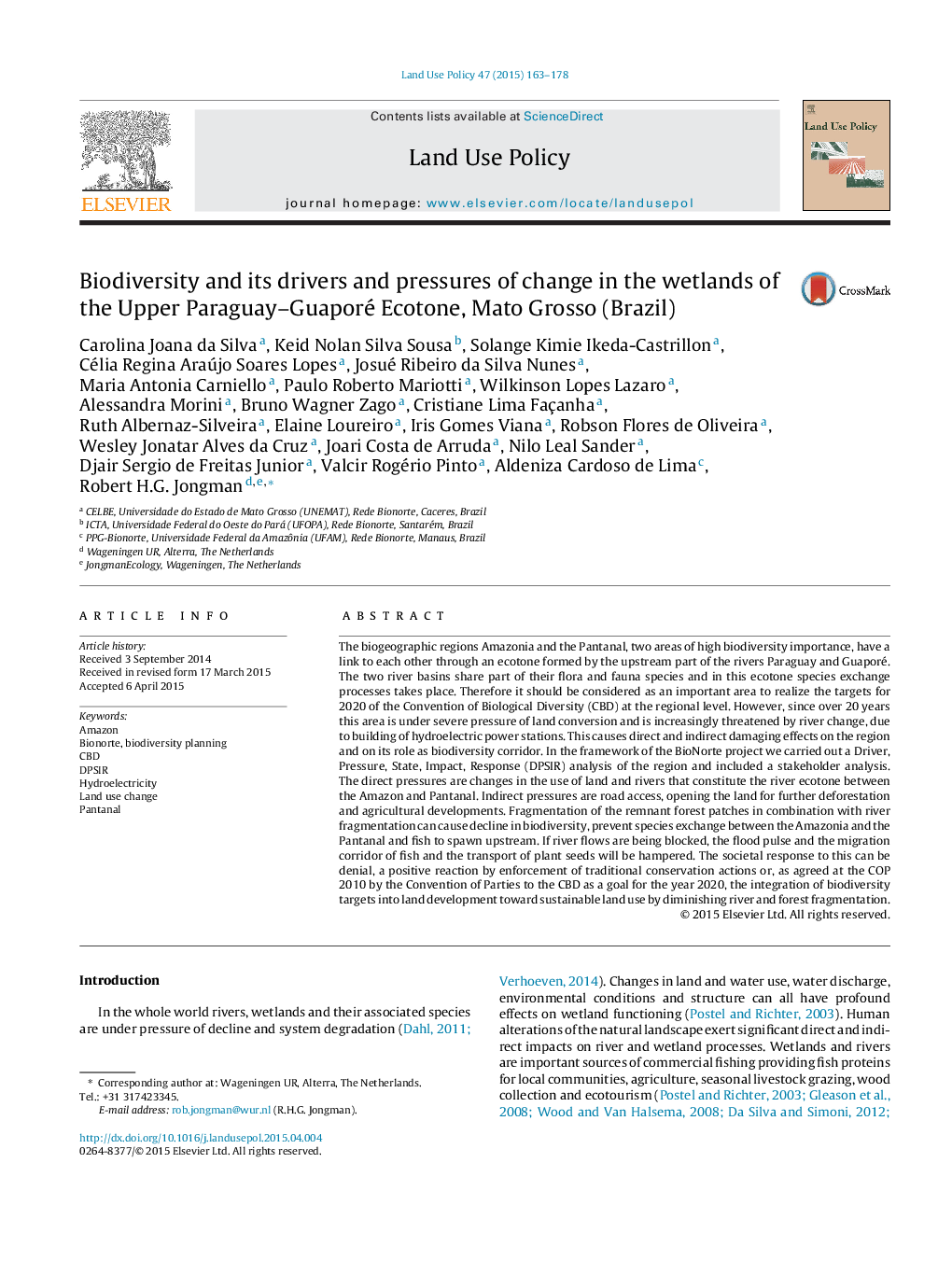 Biodiversity and its drivers and pressures of change in the wetlands of the Upper Paraguay-Guaporé Ecotone, Mato Grosso (Brazil)