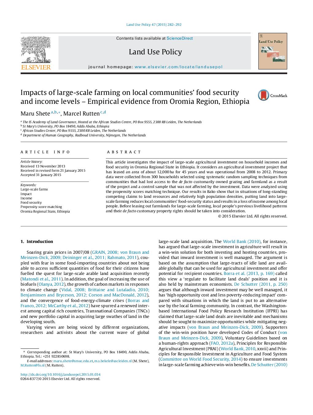 Impacts of large-scale farming on local communities' food security and income levels - Empirical evidence from Oromia Region, Ethiopia