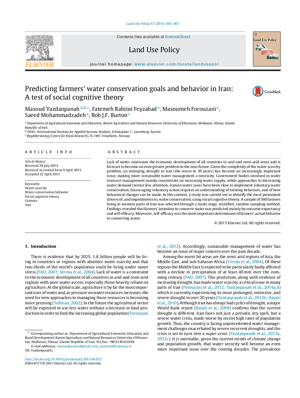 Predicting farmers' water conservation goals and behavior in Iran: A test of social cognitive theory