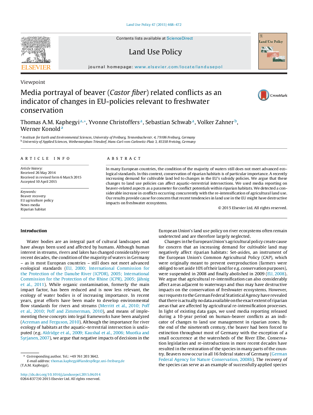 Media portrayal of beaver (Castor fiber) related conflicts as an indicator of changes in EU-policies relevant to freshwater conservation