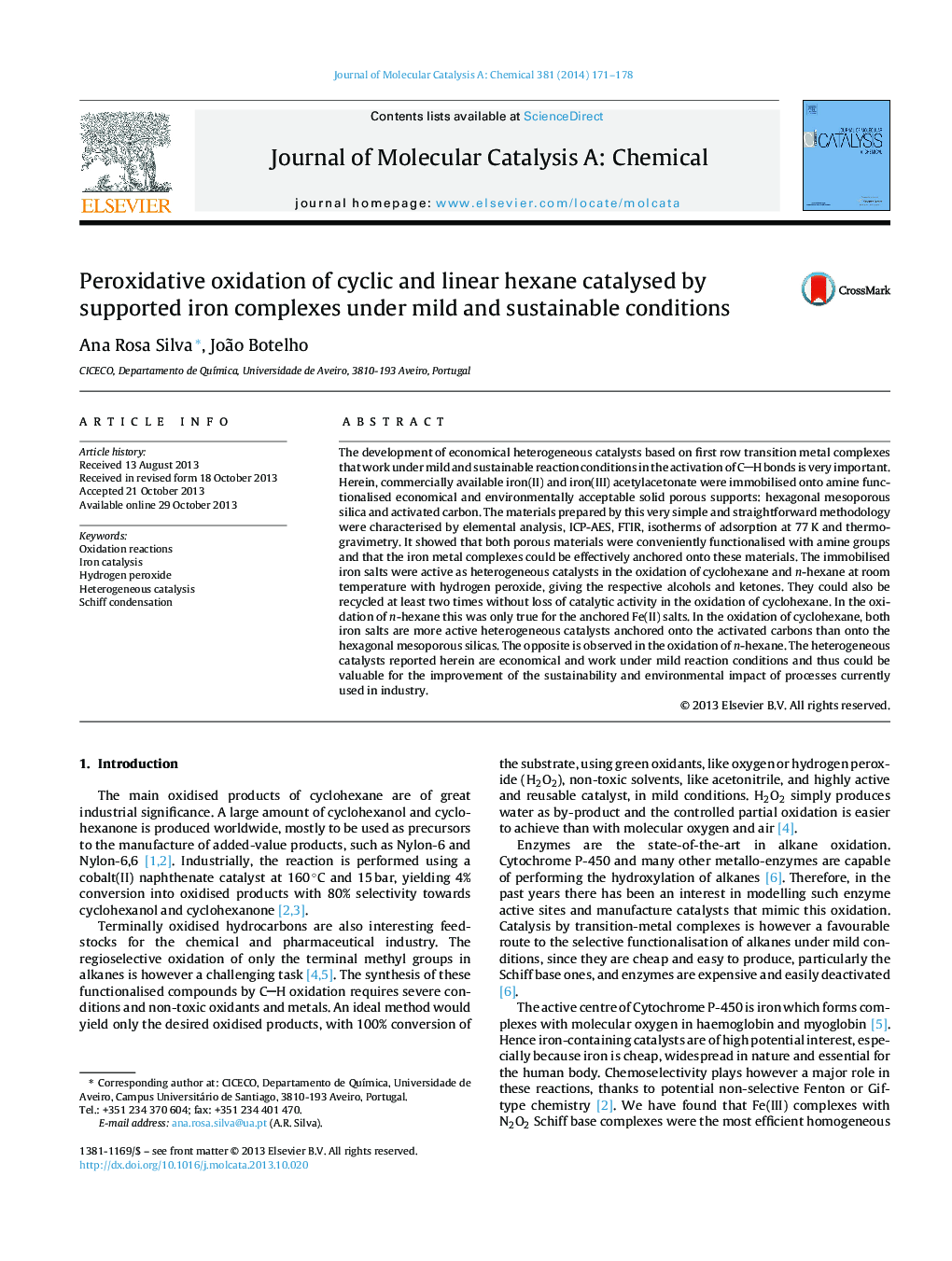 Peroxidative oxidation of cyclic and linear hexane catalysed by supported iron complexes under mild and sustainable conditions