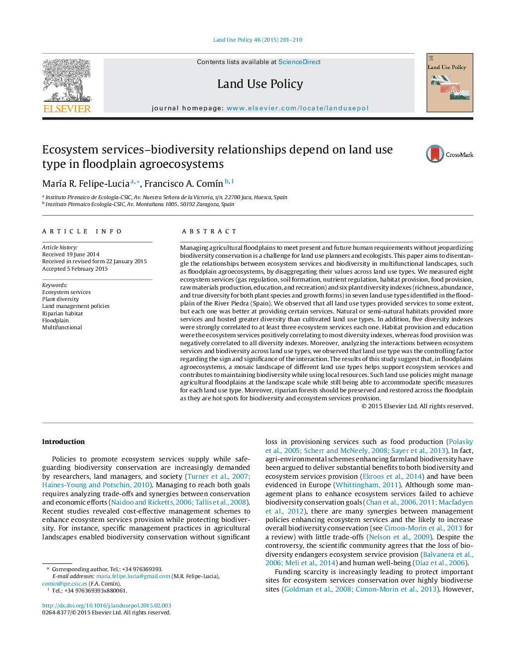 Ecosystem services-biodiversity relationships depend on land use type in floodplain agroecosystems