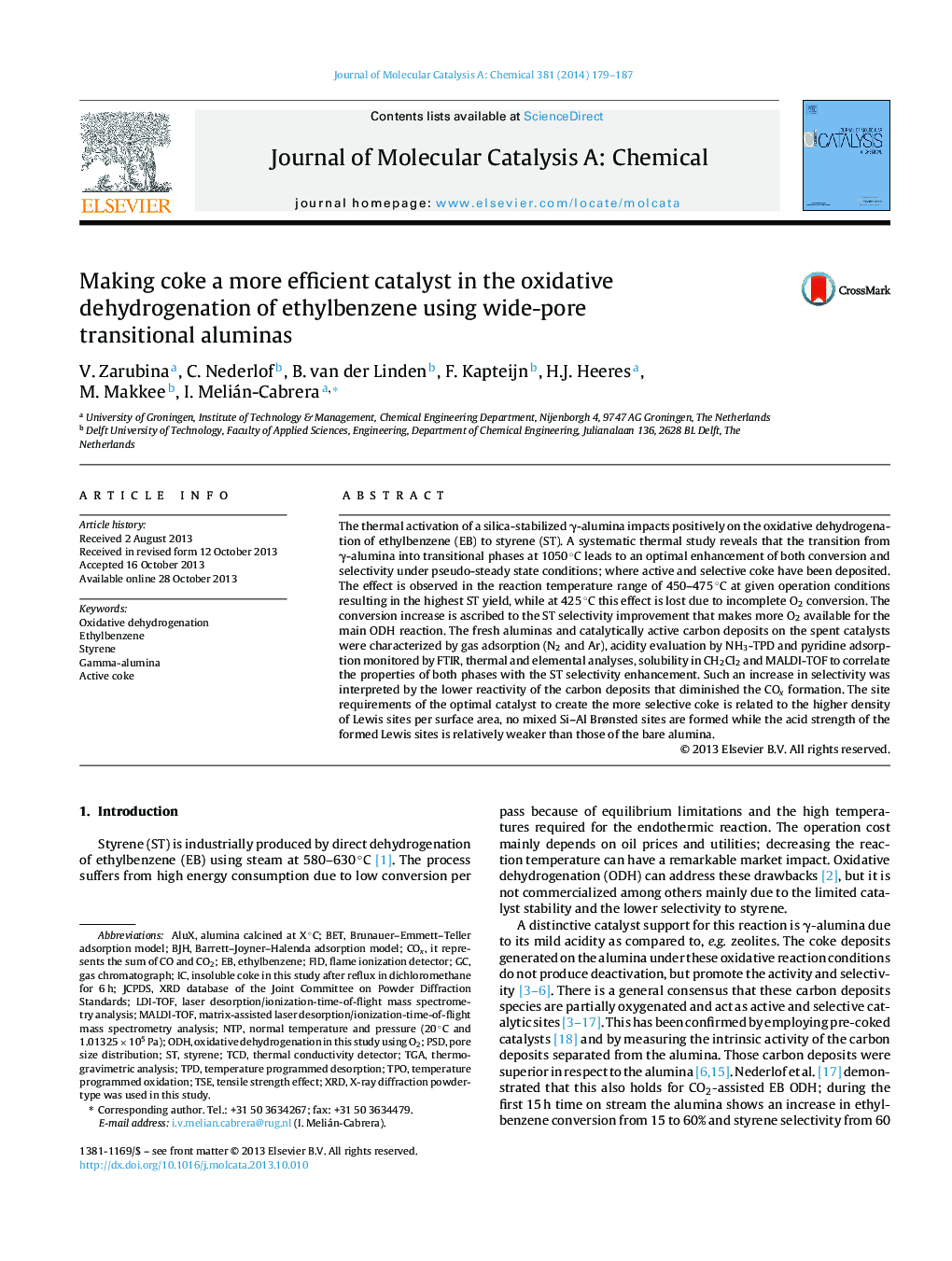 Making coke a more efficient catalyst in the oxidative dehydrogenation of ethylbenzene using wide-pore transitional aluminas