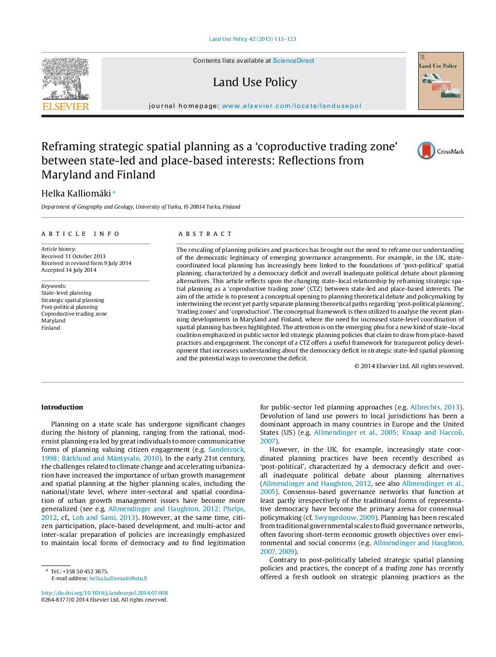 Reframing strategic spatial planning as a 'coproductive trading zone' between state-led and place-based interests: Reflections from Maryland and Finland