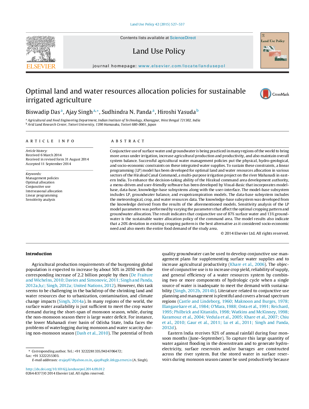 Optimal land and water resources allocation policies for sustainable irrigated agriculture