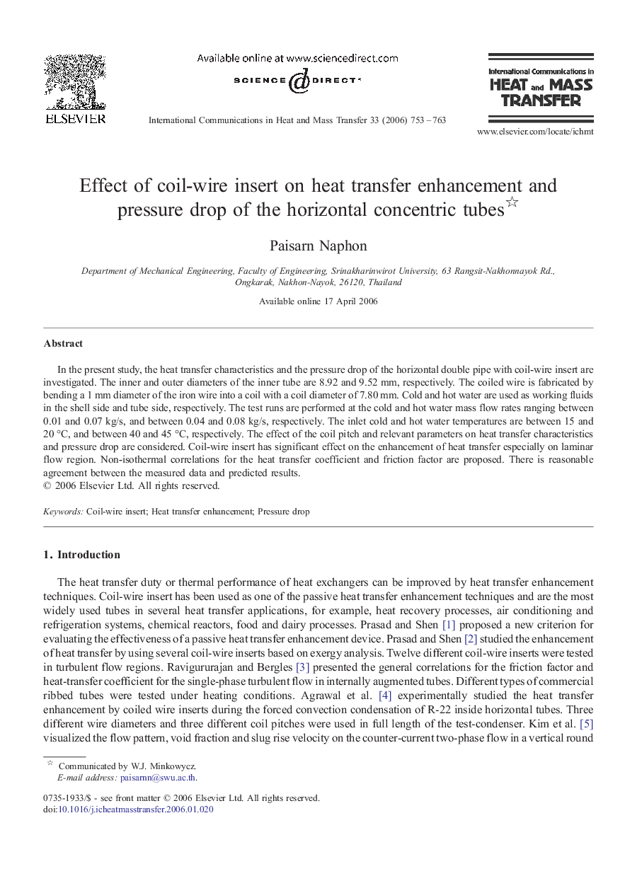 Effect of coil-wire insert on heat transfer enhancement and pressure drop of the horizontal concentric tubes 