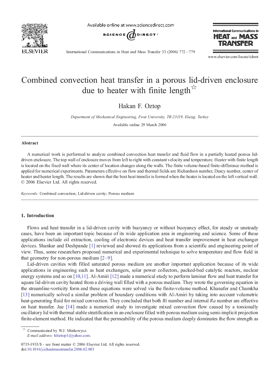 Combined convection heat transfer in a porous lid-driven enclosure due to heater with finite length 