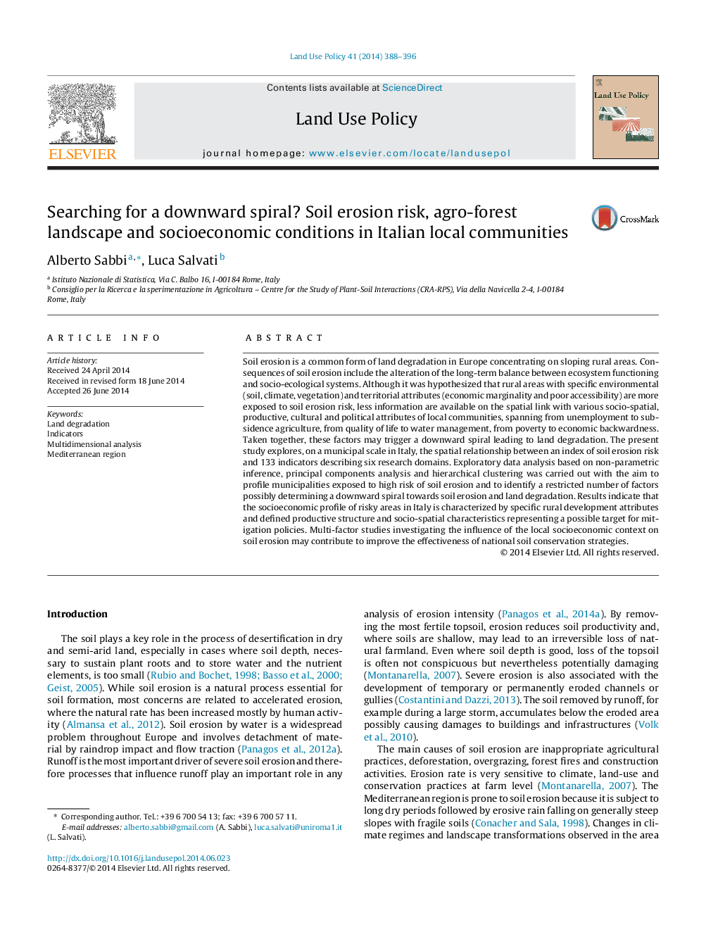 Searching for a downward spiral? Soil erosion risk, agro-forest landscape and socioeconomic conditions in Italian local communities