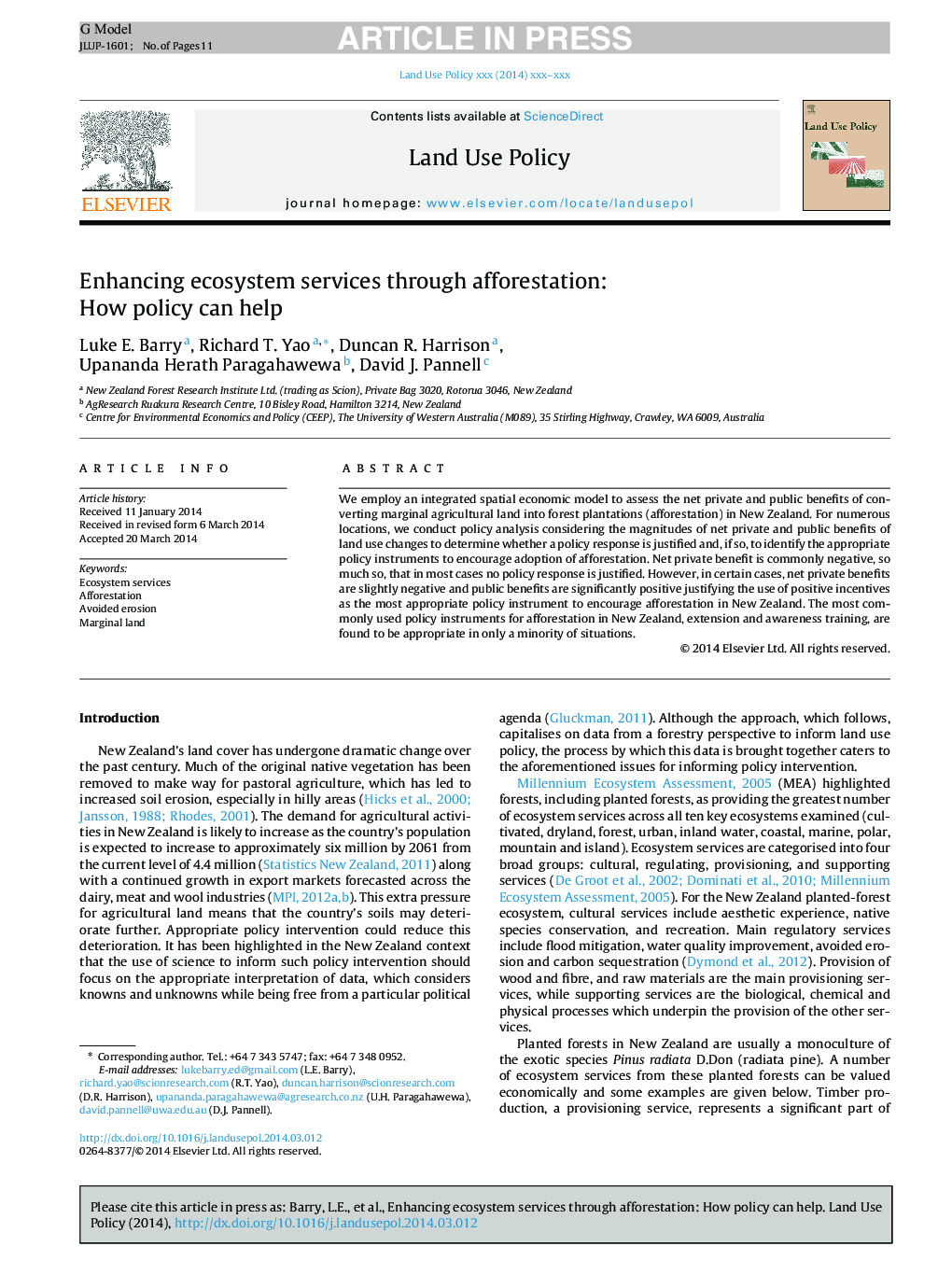 Enhancing ecosystem services through afforestation: How policy can help