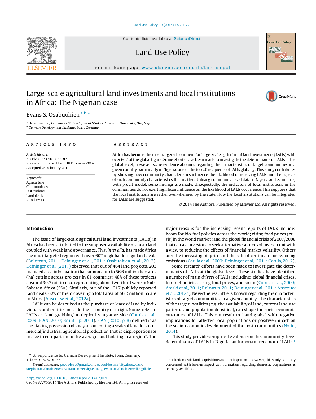 Large-scale agricultural land investments and local institutions in Africa: The Nigerian case