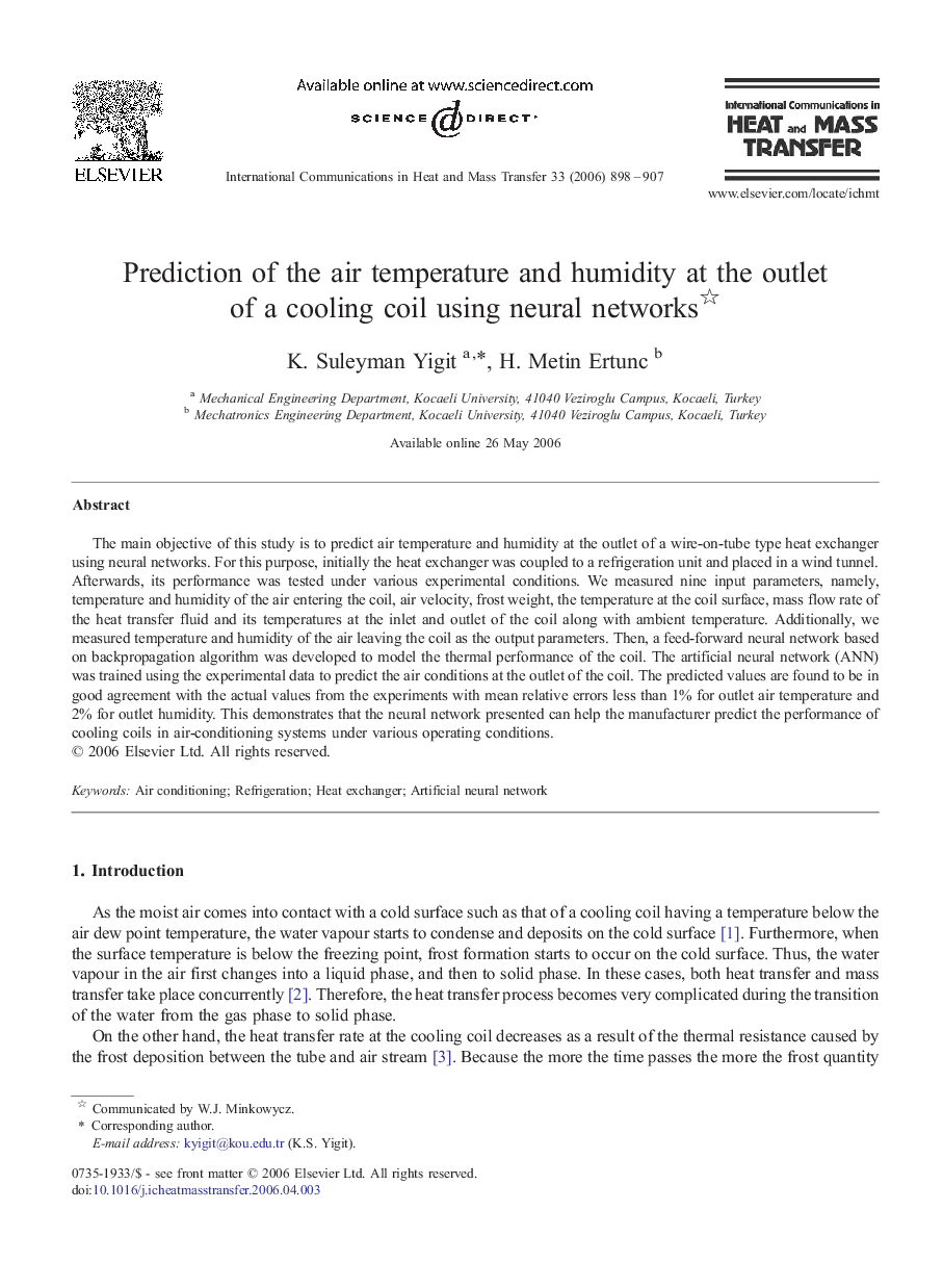 Prediction of the air temperature and humidity at the outlet of a cooling coil using neural networks