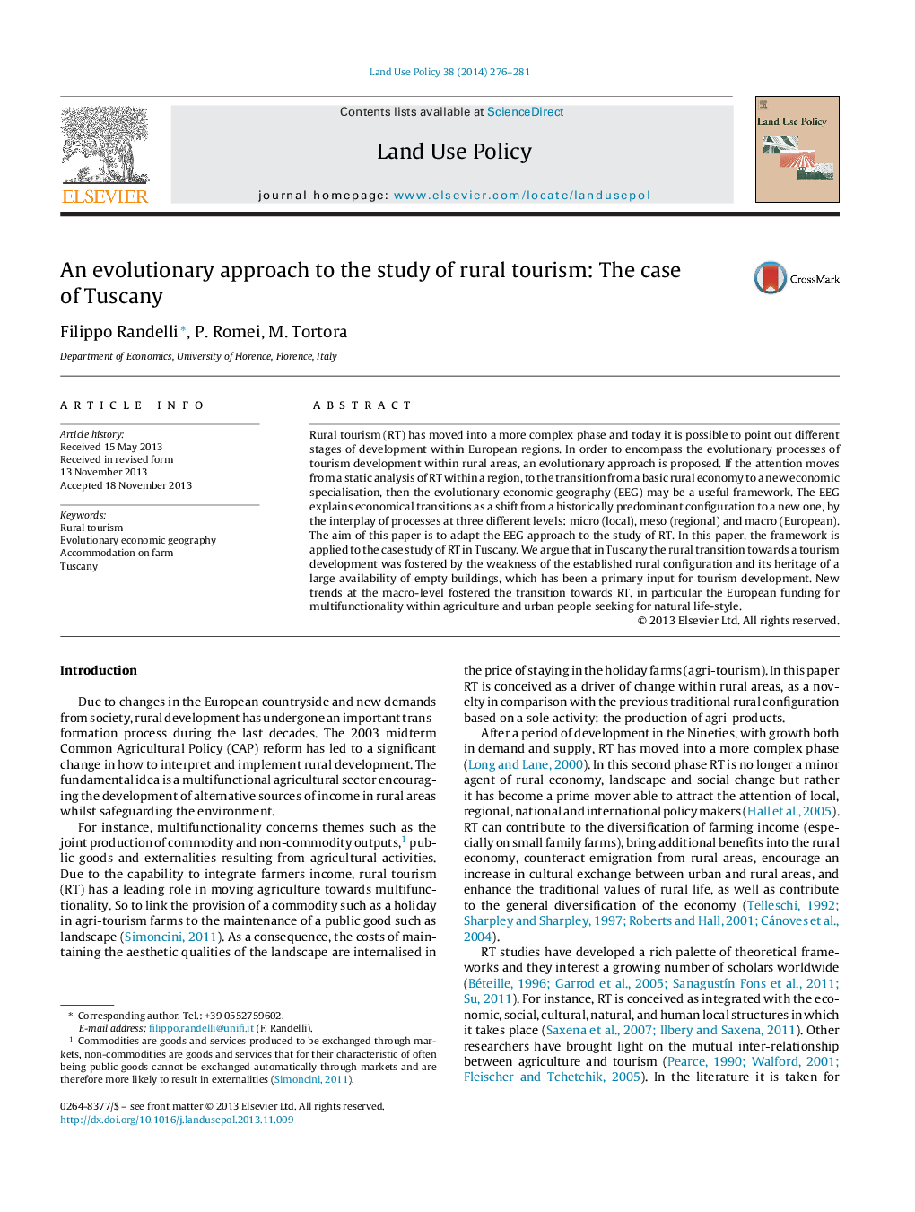 An evolutionary approach to the study of rural tourism: The case of Tuscany