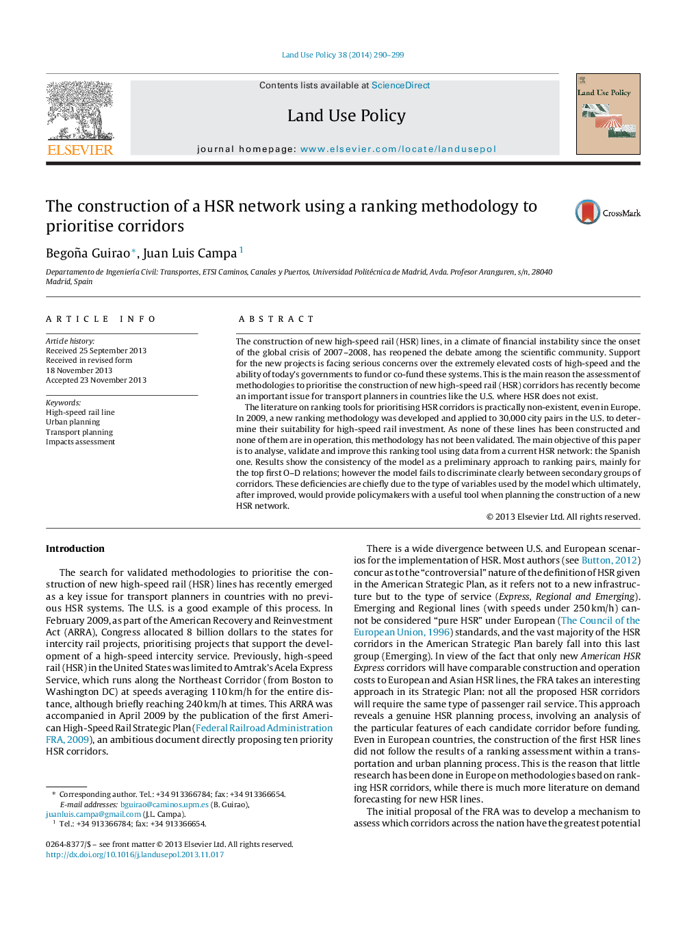 The construction of a HSR network using a ranking methodology to prioritise corridors